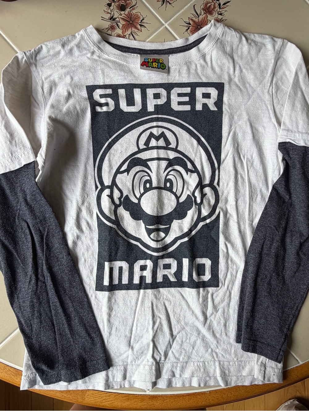 Nintendo Super Mario White and Charcoal Long Sleeve Tee